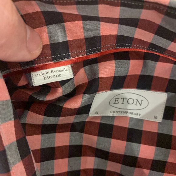 Eton Men's Dress Shirt Contemporary Size 41 & 16 Collar Black and Fusia gingham - Picture 5 of 9